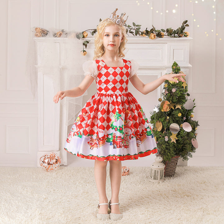 Kids Girls White Puff Sleeves Dress Red Checkers Santa Snowman Santa Sleigh Elk Christmas Outfit w Zip - quixoticmuses