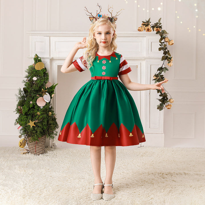 Kids Girls Red Stripe Sleeves Dress Red n Green Big Bowtie Christmas Outfit w Zip - quixoticmuses