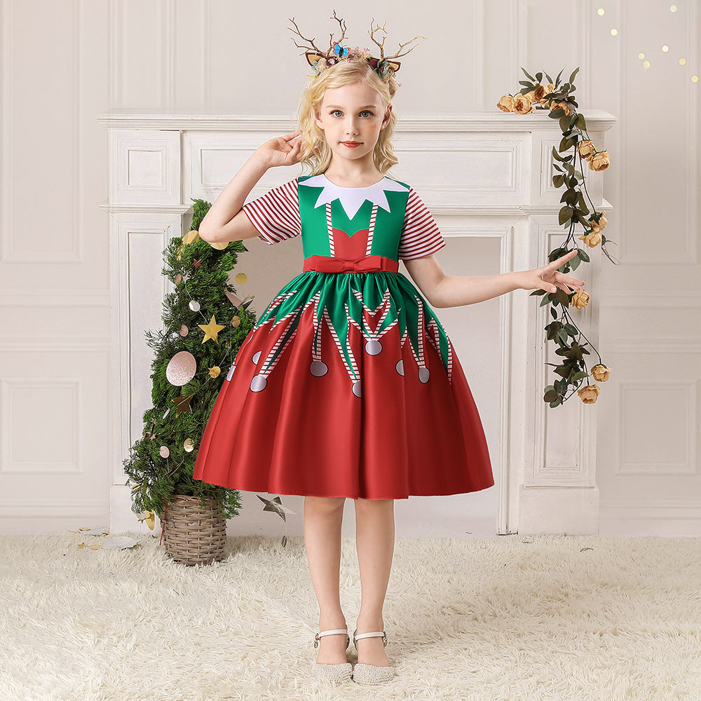 Kids Girls Short Stripe Sleeves Dress Red n Green Big Bowtie Christmas Outfit w Zip - quixoticmuses