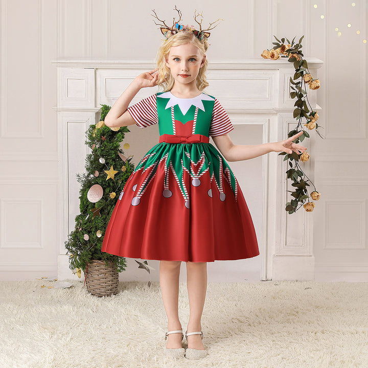 Kids Girls Short Stripe Sleeves Dress Red n Green Big Bowtie Christmas Outfit w Zip - quixoticmuses