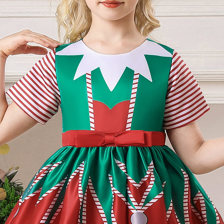 Kids Girls Short Stripe Sleeves Dress Red n Green Big Bowtie Christmas Outfit w Zip - quixoticmuses