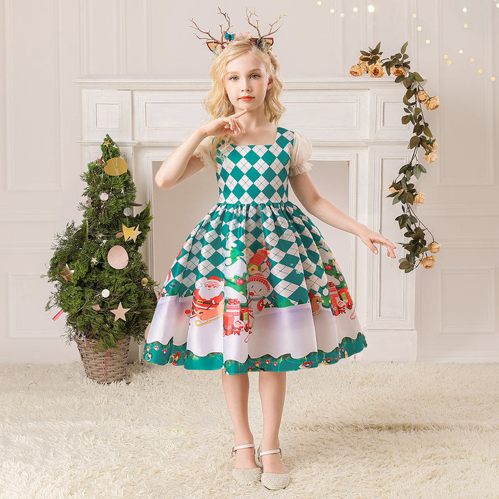 Kids Girls White Puff Sleeves Dress Green Checkers Santa Snowman Santa Sleigh Elk Christmas Outfit w Zip - quixoticmuses