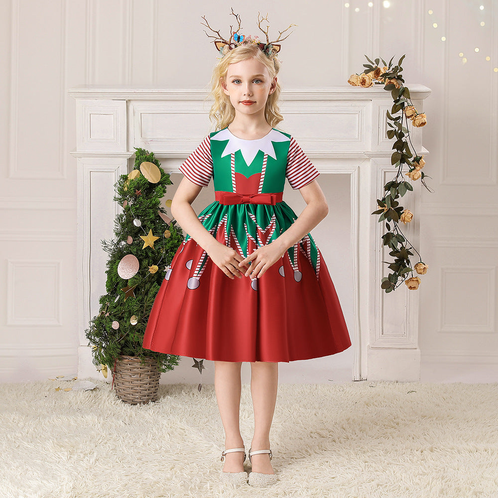 Kids Girls Short Stripe Sleeves Dress Red n Green Big Bowtie Christmas Outfit w Zip - quixoticmuses