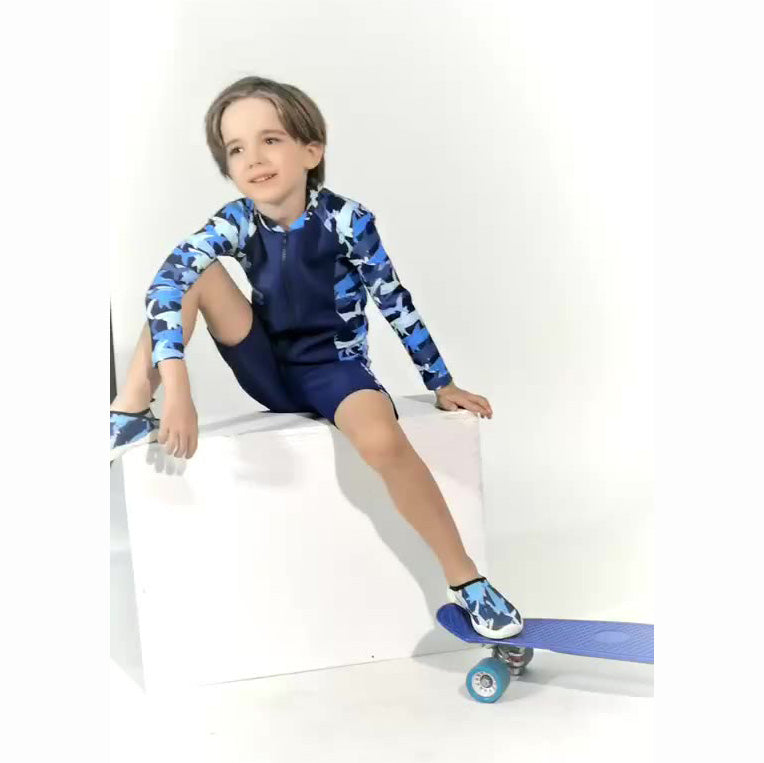 Baby Kids Boy's Camouflage Shark Prints Long Sleeves Two Piece Swimming Suit Top Shorts n Free Cap 908032 - quixoticmuses