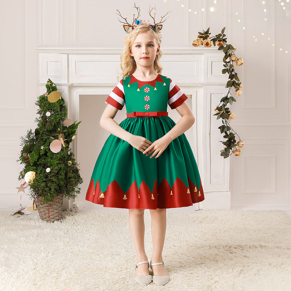 Kids Girls Red Stripe Sleeves Dress Red n Green Big Bowtie Christmas Outfit w Zip - quixoticmuses