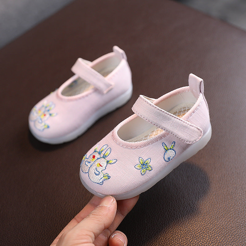 Baby Girl Textile Anti-slip Flats Embroidered Bunnies Cow Shoes Magic Tape BBX - quixoticmuses