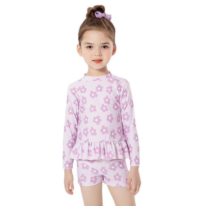 Baby Kids Girl's Purple Flower Prints Long Sleeves Two Piece Swimming Suit Top Shorts n Free Cap 907143 - quixoticmuses