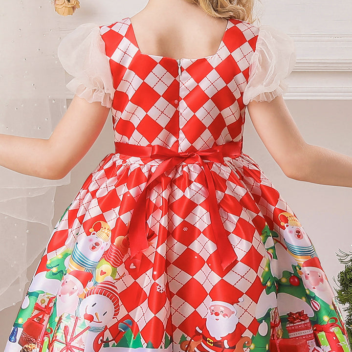 Kids Girls White Puff Sleeves Dress Red Checkers Santa Snowman Santa Sleigh Elk Christmas Outfit w Zip - quixoticmuses