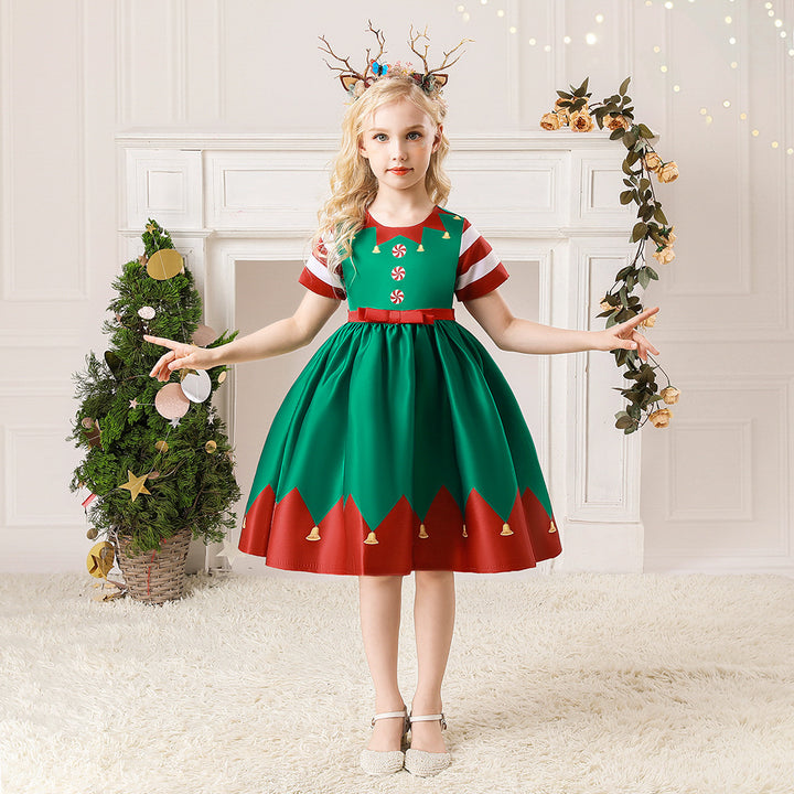 Kids Girls Red Stripe Sleeves Dress Red n Green Big Bowtie Christmas Outfit w Zip - quixoticmuses