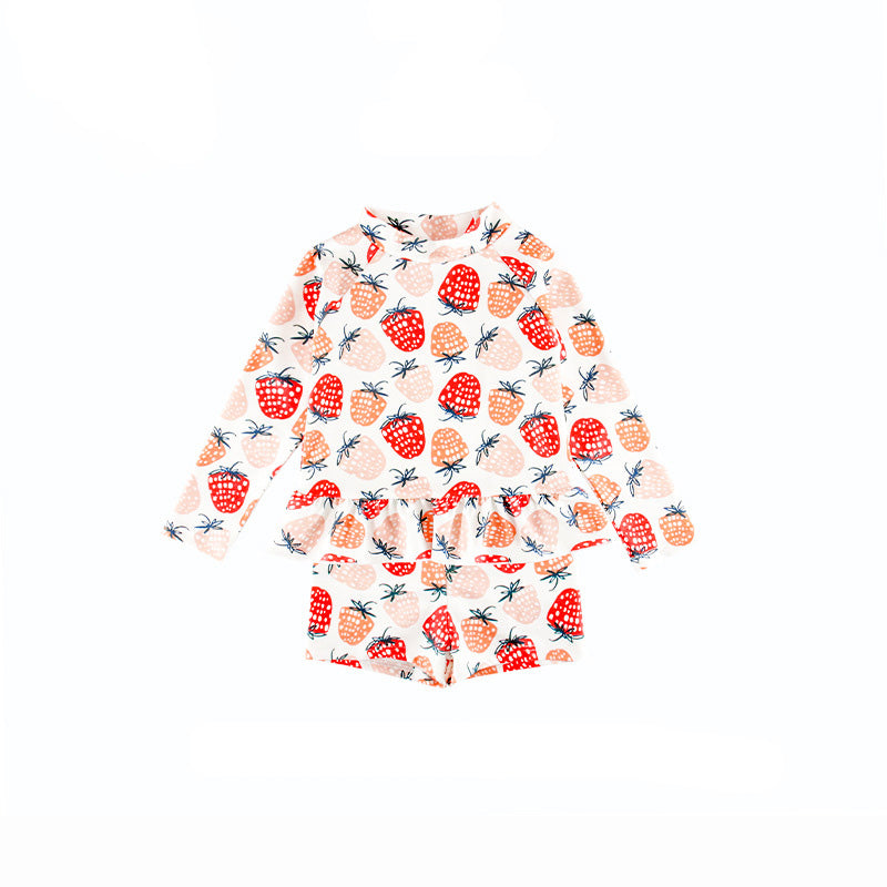 Baby Kids Girl's Strawberry Prints Long Sleeves Two Piece Swimming Suit Top Shorts n Free Cap 907052 - quixoticmuses