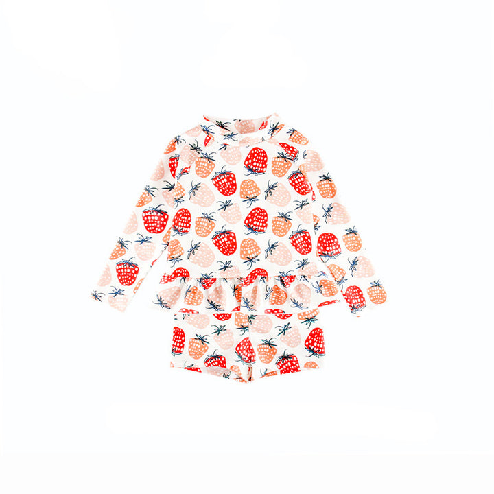 Baby Kids Girl's Strawberry Prints Long Sleeves Two Piece Swimming Suit Top Shorts n Free Cap 907052 - quixoticmuses