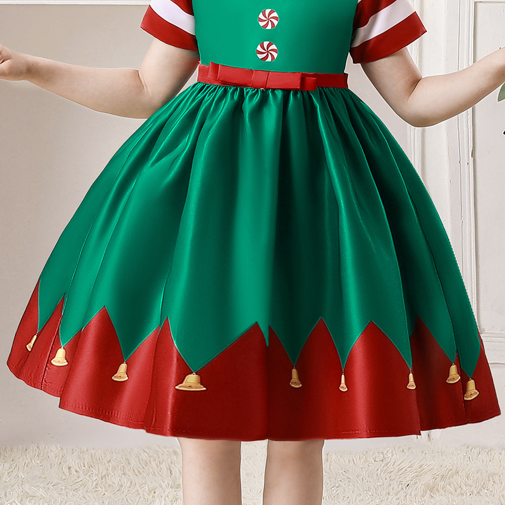 Kids Girls Red Stripe Sleeves Dress Red n Green Big Bowtie Christmas Outfit w Zip - quixoticmuses