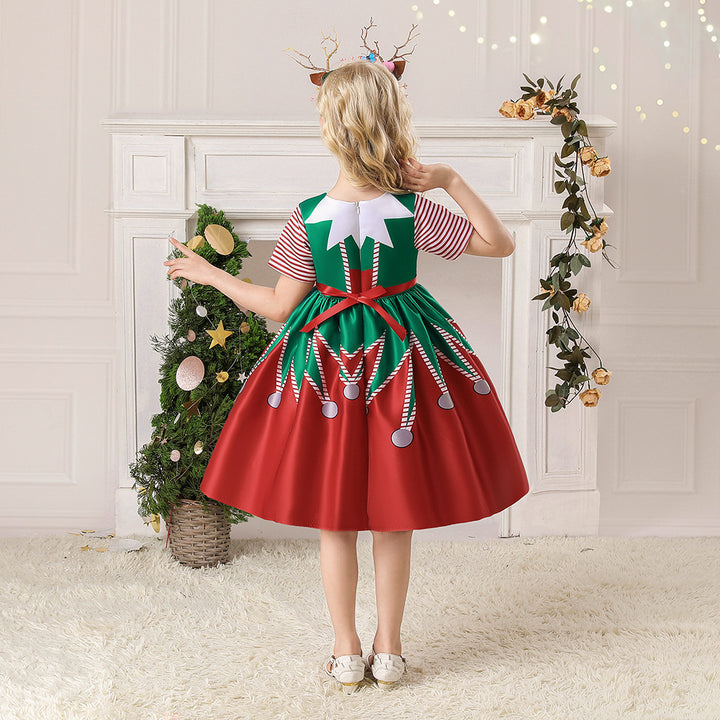 Kids Girls Short Stripe Sleeves Dress Red n Green Big Bowtie Christmas Outfit w Zip - quixoticmuses