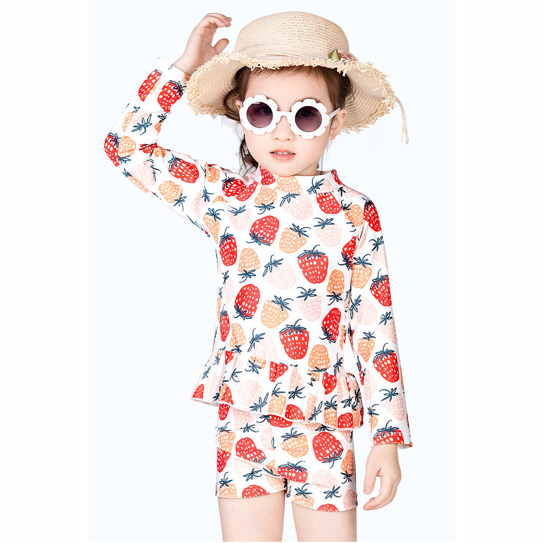 Baby Kids Girl's Strawberry Prints Long Sleeves Two Piece Swimming Suit Top Shorts n Free Cap 907052 - quixoticmuses