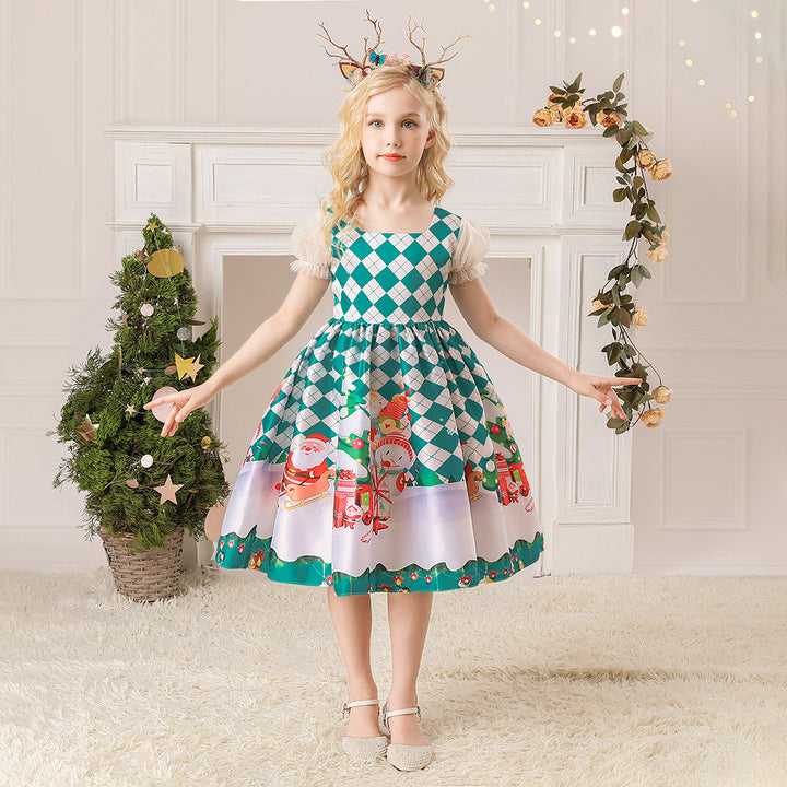 Kids Girls White Puff Sleeves Dress Green Checkers Santa Snowman Santa Sleigh Elk Christmas Outfit w Zip - quixoticmuses