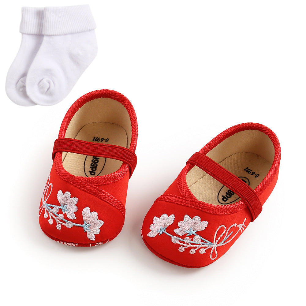 Baby Girl Chinese New Year Shoes Pink w Embroidered Flowers Cheongsam - quixoticmuses