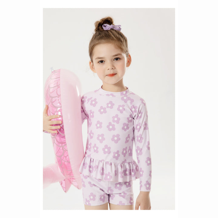 Baby Kids Girl's Purple Flower Prints Long Sleeves Two Piece Swimming Suit Top Shorts n Free Cap 907143 - quixoticmuses