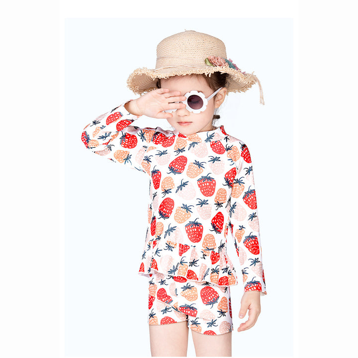 Baby Kids Girl's Strawberry Prints Long Sleeves Two Piece Swimming Suit Top Shorts n Free Cap 907052 - quixoticmuses