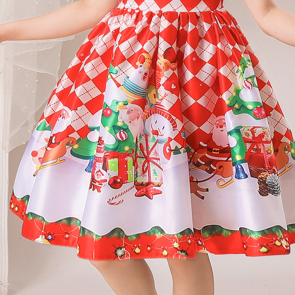 Kids Girls White Puff Sleeves Dress Red Checkers Santa Snowman Santa Sleigh Elk Christmas Outfit w Zip - quixoticmuses