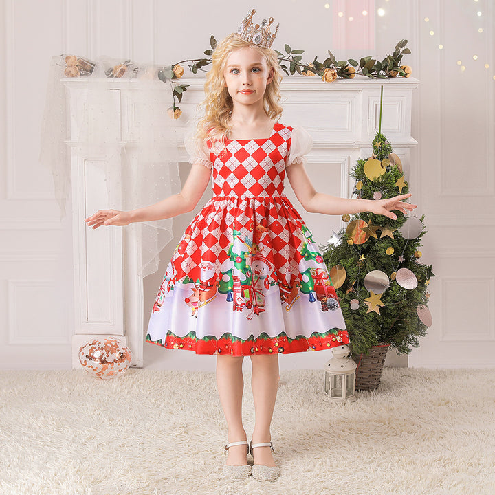 Kids Girls White Puff Sleeves Dress Red Checkers Santa Snowman Santa Sleigh Elk Christmas Outfit w Zip - quixoticmuses