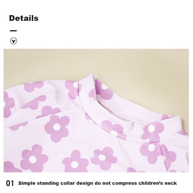 Baby Kids Girl's Purple Flower Prints Long Sleeves Two Piece Swimming Suit Top Shorts n Free Cap 907143 - quixoticmuses