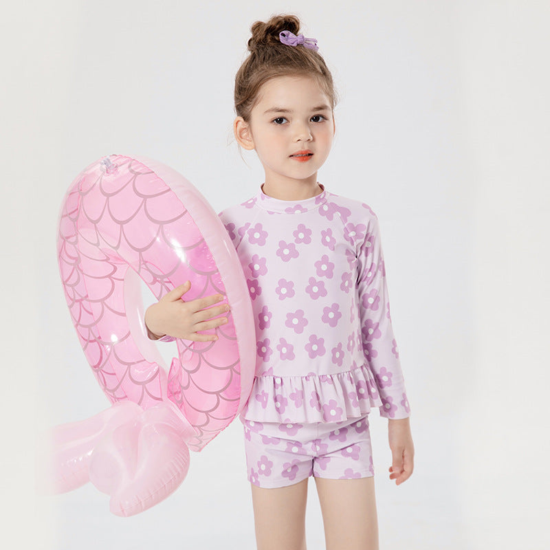 Baby Kids Girl's Purple Flower Prints Long Sleeves Two Piece Swimming Suit Top Shorts n Free Cap 907143 - quixoticmuses