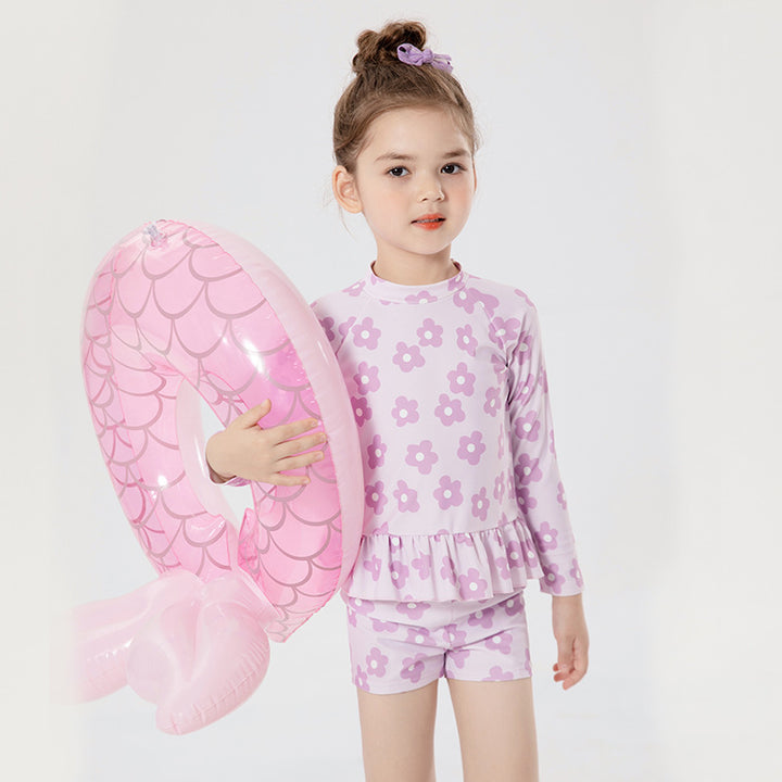 Baby Kids Girl's Purple Flower Prints Long Sleeves Two Piece Swimming Suit Top Shorts n Free Cap 907143 - quixoticmuses