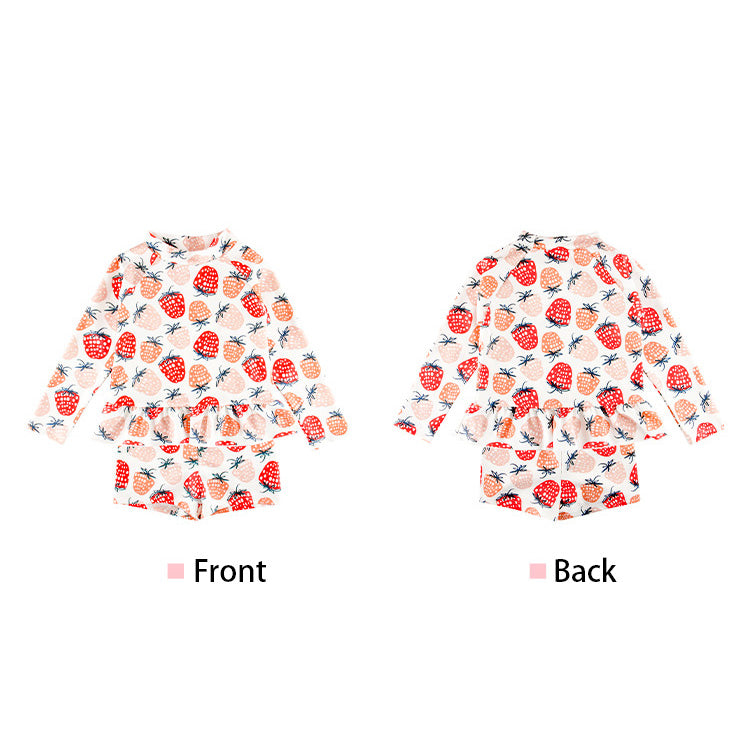 Baby Kids Girl's Strawberry Prints Long Sleeves Two Piece Swimming Suit Top Shorts n Free Cap 907052 - quixoticmuses