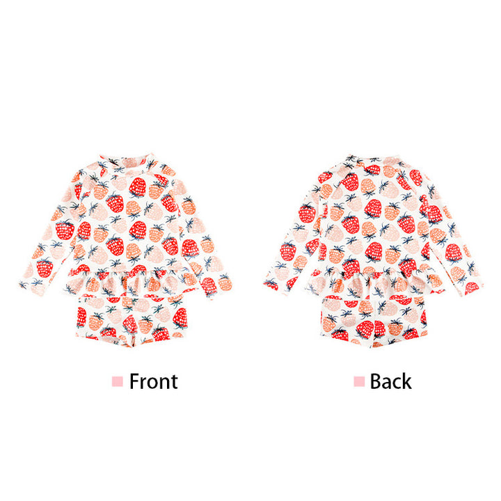 Baby Kids Girl's Strawberry Prints Long Sleeves Two Piece Swimming Suit Top Shorts n Free Cap 907052 - quixoticmuses