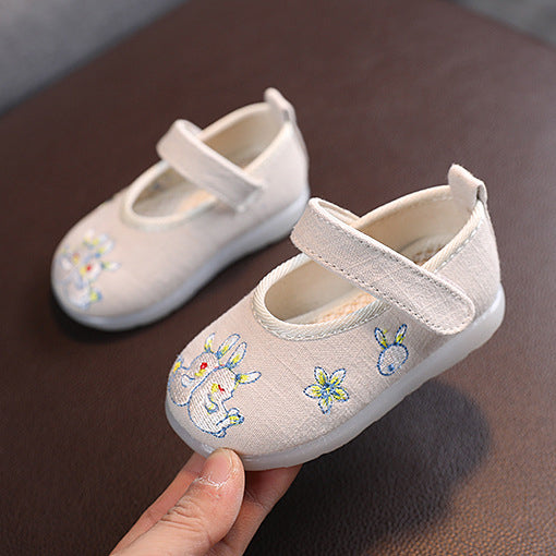 Baby Girl Textile Anti-slip Flats Embroidered Bunnies Cow Shoes Magic Tape BBX - quixoticmuses