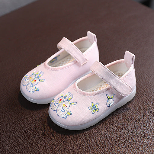 Baby Girl Textile Anti-slip Flats Embroidered Bunnies Cow Shoes Magic Tape BBX - quixoticmuses