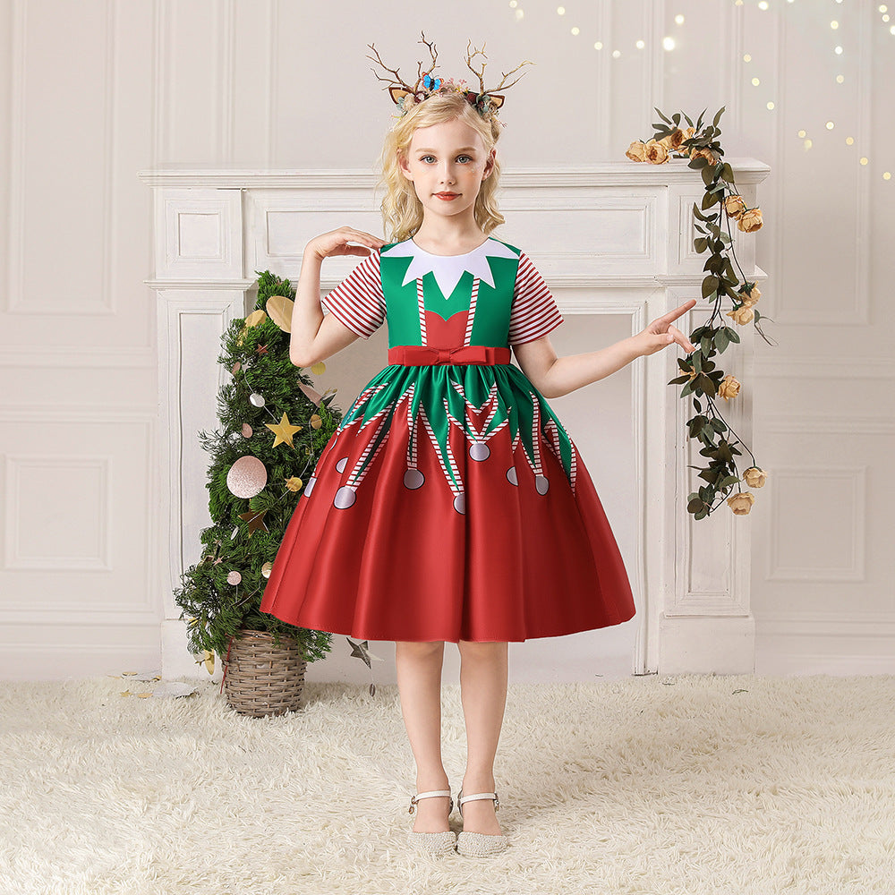 Kids Girls Short Stripe Sleeves Dress Red n Green Big Bowtie Christmas Outfit w Zip - quixoticmuses