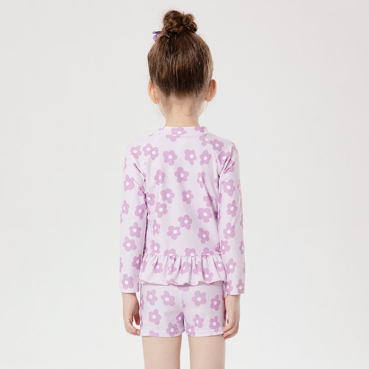 Baby Kids Girl's Purple Flower Prints Long Sleeves Two Piece Swimming Suit Top Shorts n Free Cap 907143 - quixoticmuses