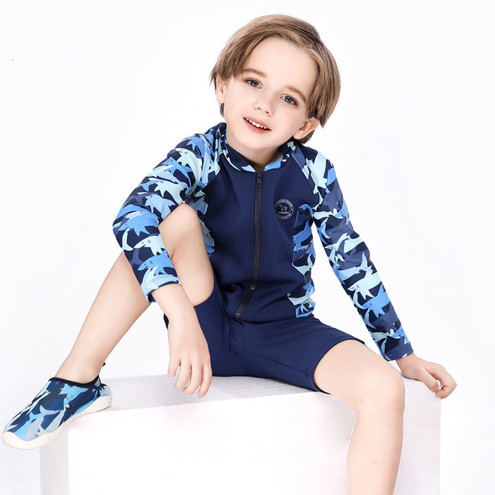 Baby Kids Boy's Camouflage Shark Prints Long Sleeves Two Piece Swimming Suit Top Shorts n Free Cap 908032 - quixoticmuses