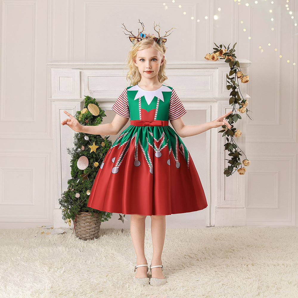 Kids Girls Short Stripe Sleeves Dress Red n Green Big Bowtie Christmas Outfit w Zip - quixoticmuses