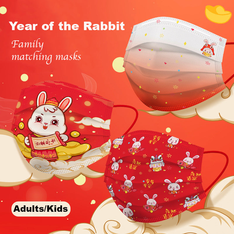 Kids Adults Year of the Rabbit CNY Family Matching Disposable 3 PLY Protective Masks - quixoticmuses