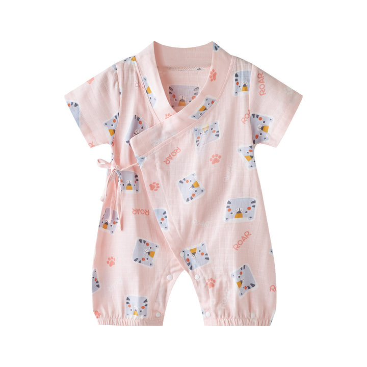 Baby Breathable Cotton Gauze Fabric Kimono Romper Pink w Cats - quixoticmuses