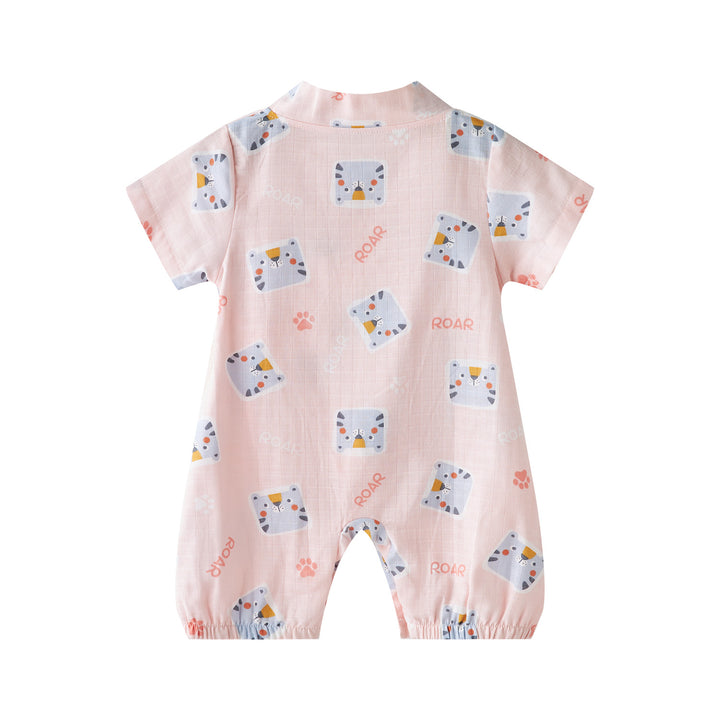 Baby Breathable Cotton Gauze Fabric Kimono Romper Pink w Cats - quixoticmuses