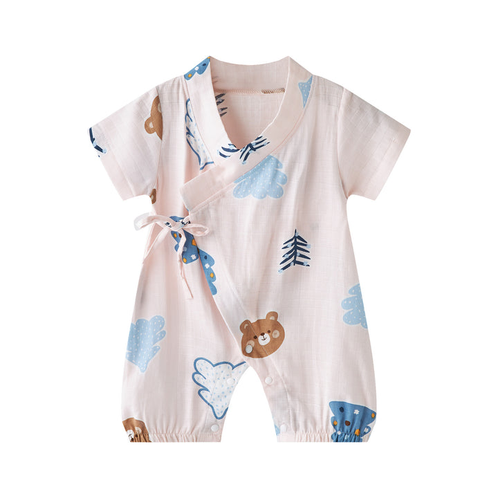 Baby Breathable Cotton Gauze Fabric Kimono Romper Pink w Bears n Trees - quixoticmuses