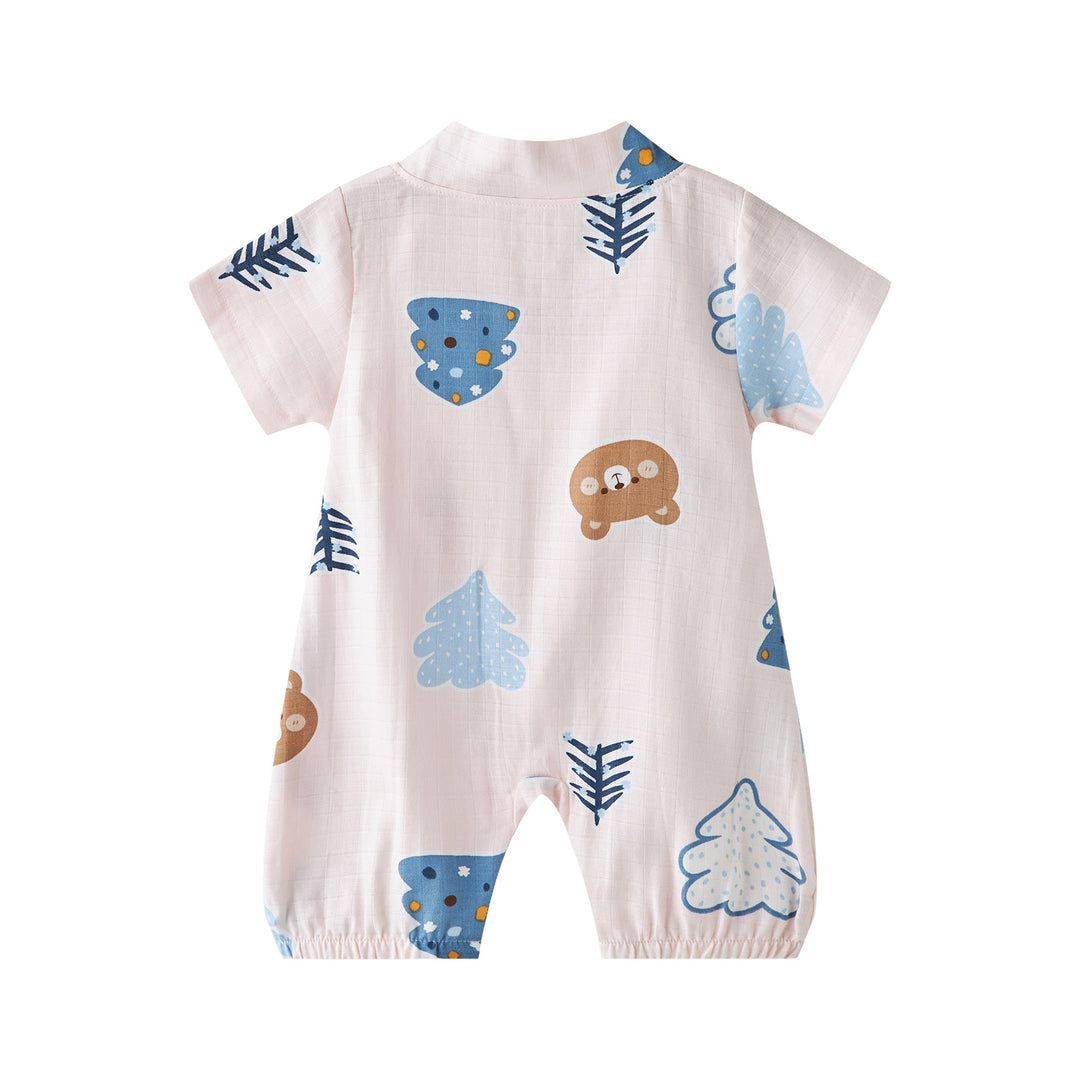 Baby Breathable Cotton Gauze Fabric Kimono Romper Pink w Bears n Trees - quixoticmuses