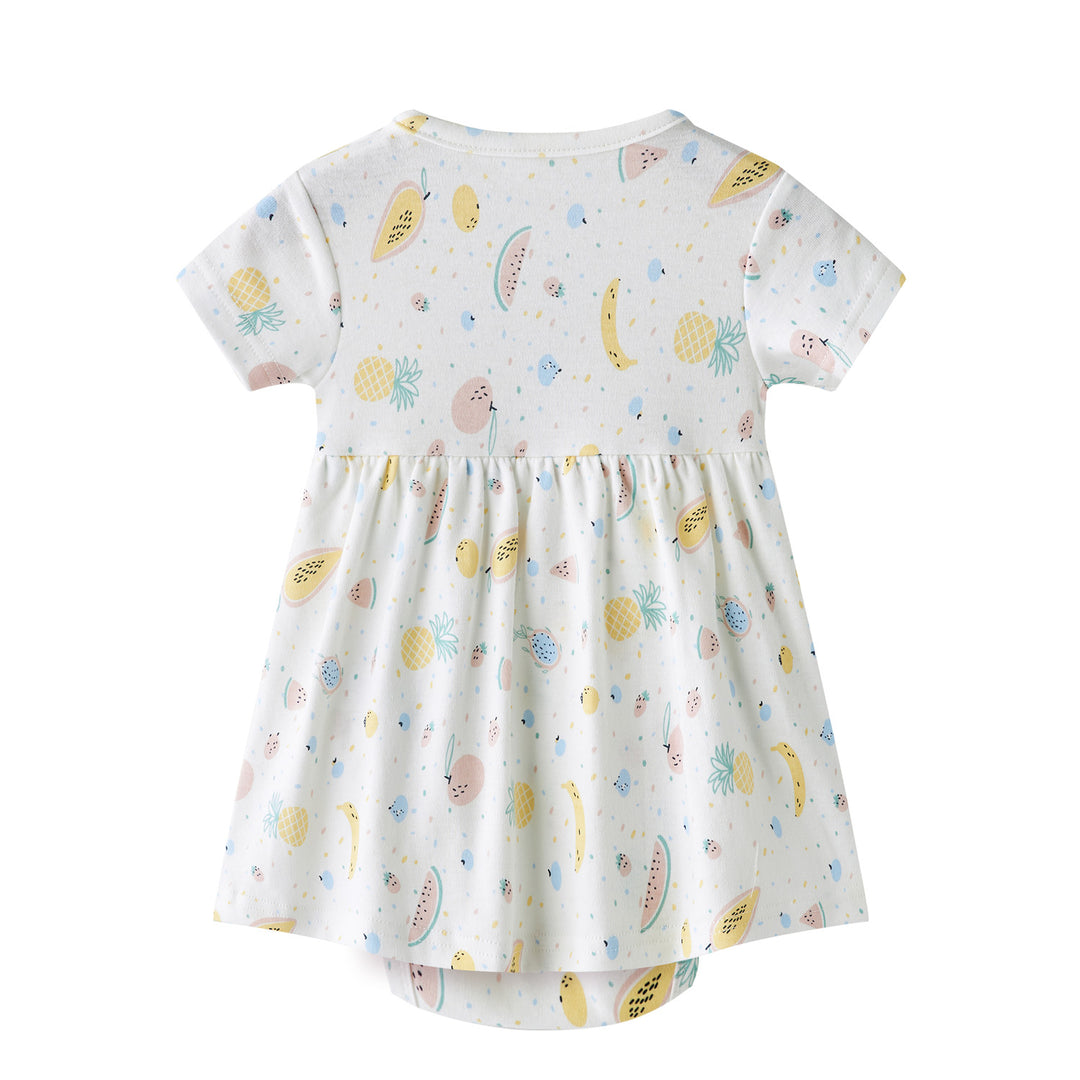 Baby Girl Short Sleeves Ruffled Bodysuit Dress White w Fruits - quixoticmuses