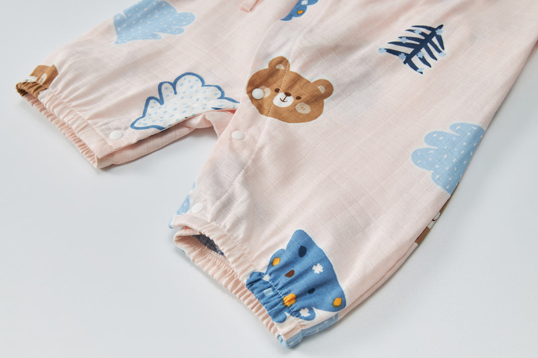 Baby Breathable Cotton Gauze Fabric Kimono Romper Pink w Bears n Trees - quixoticmuses