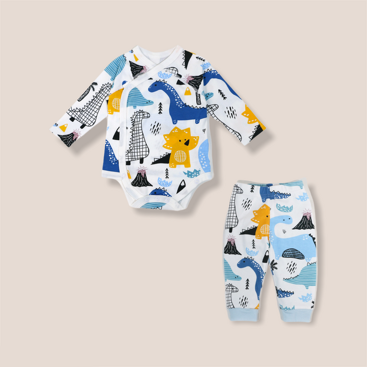 Baby Blue Dinosaur Long Sleeve Kimono Bodysuit n Pants Set Boneless Sewing - quixoticmuses