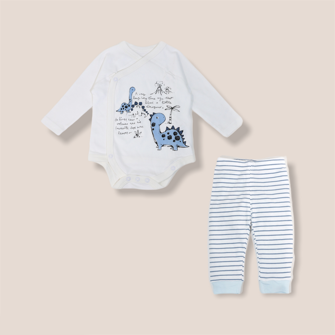 Baby White Dinosaur Long Sleeve Kimono Bodysuit n Stripe Pants Set Boneless Sewing - quixoticmuses