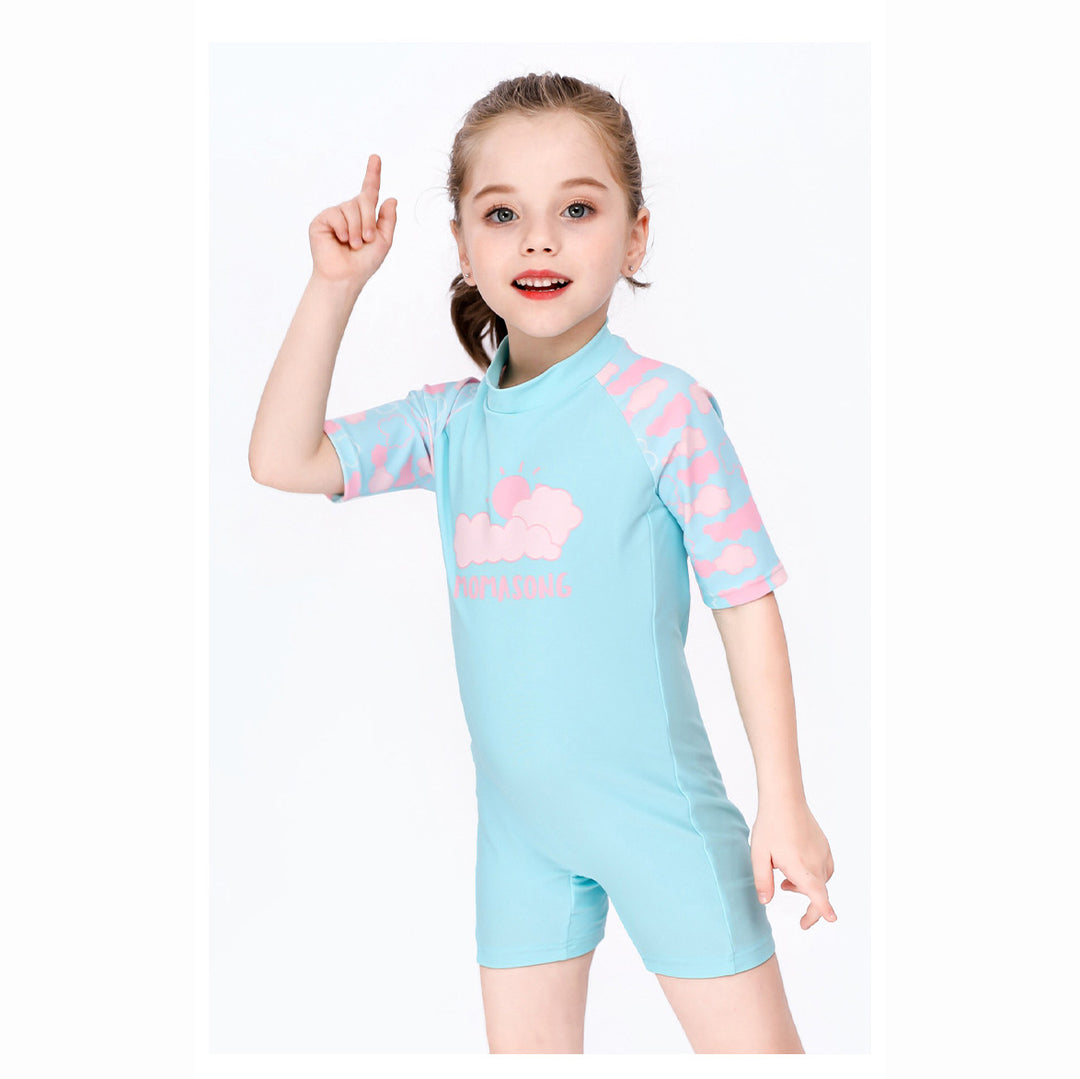 Baby Kids Girl's Pink Clouds One Piece Blue Swimming Suit n Free Cap 907026 - quixoticmuses