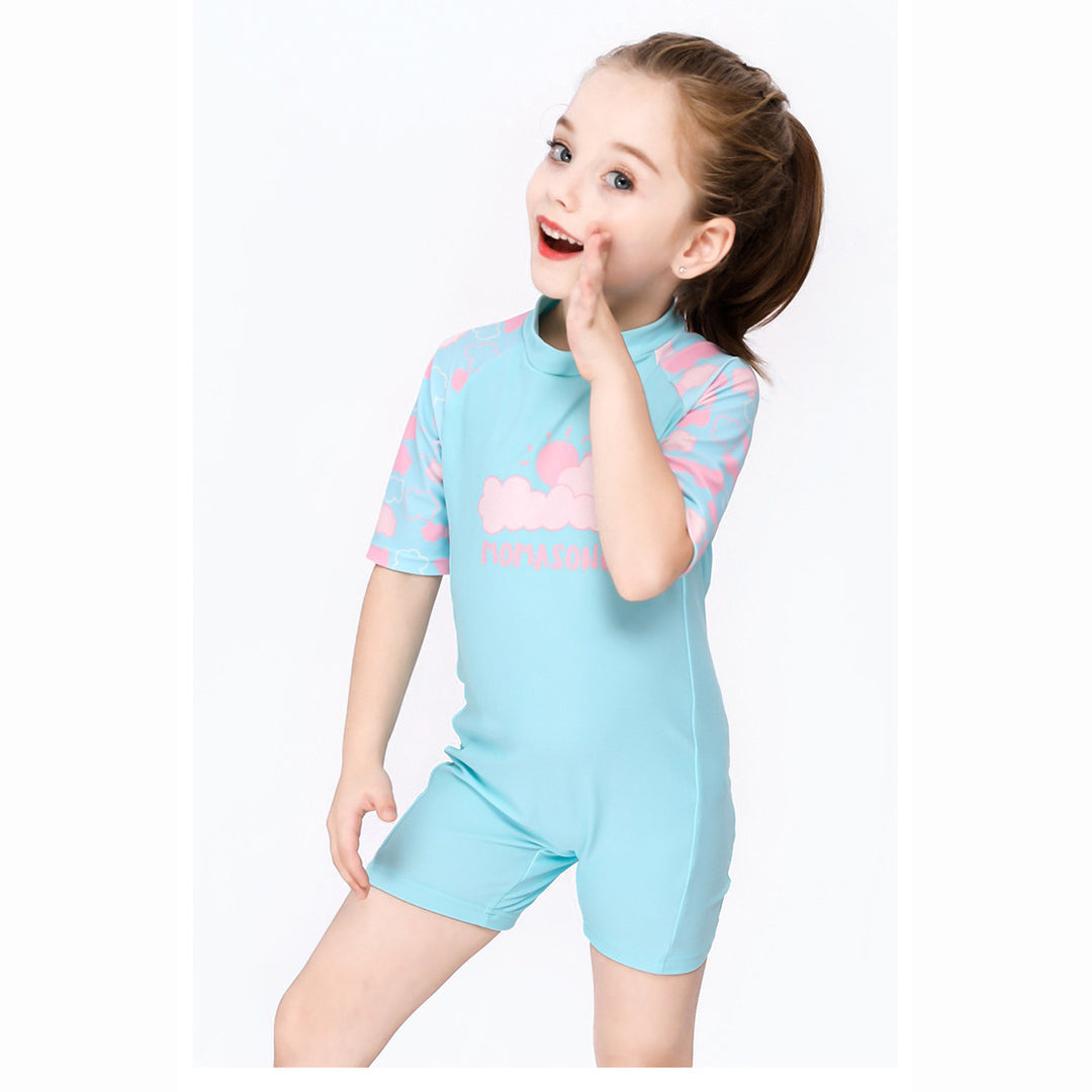 Baby Kids Girl's Pink Clouds One Piece Blue Swimming Suit n Free Cap 907026 - quixoticmuses