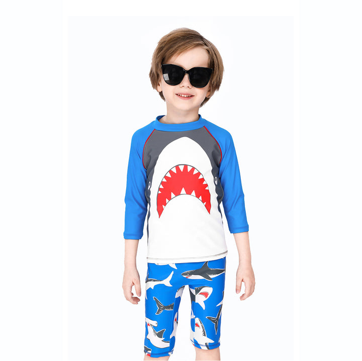 Baby Kids Boy's Big Mouth Shark Long Sleeves Two Piece Swimming Suit Top Shorts n Free Cap 908030 - quixoticmuses