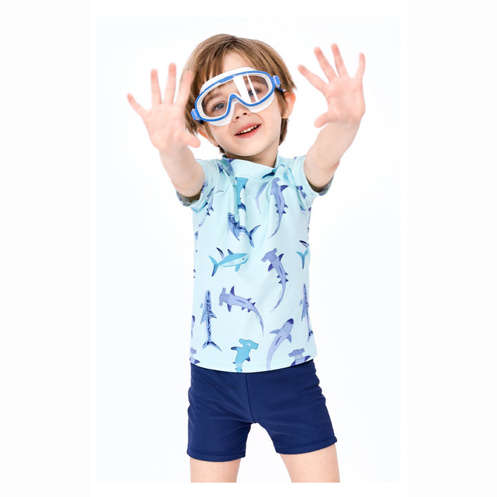 Baby Kids Boy's Shark Prints Short Sleeves Two Piece Swimming Suit Top Shorts n Free Cap 908041 - quixoticmuses