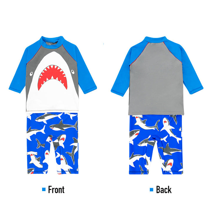 Baby Kids Boy's Big Mouth Shark Long Sleeves Two Piece Swimming Suit Top Shorts n Free Cap 908030 - quixoticmuses