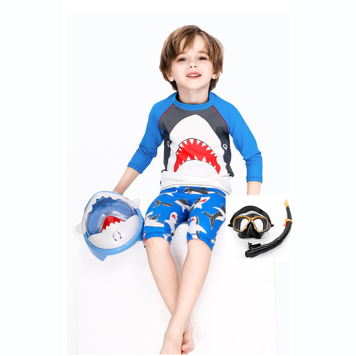 Baby Kids Boy's Big Mouth Shark Long Sleeves Two Piece Swimming Suit Top Shorts n Free Cap 908030 - quixoticmuses